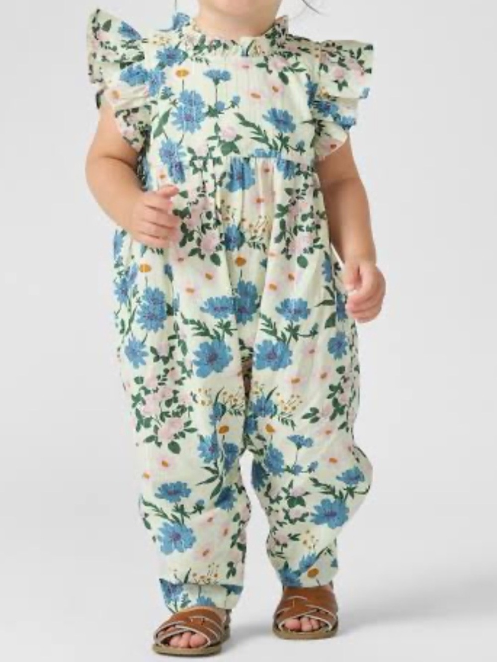Pink Chicken Cream Romper with Blue Floral Print